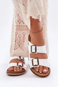 Skórzane Klapki Damskie Z Klarami Inblu AA0002KU Białe