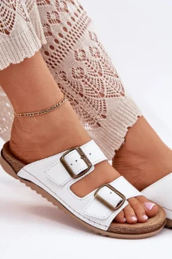 Skórzane Klapki Damskie Z Klarami Inblu AA0002KU Białe