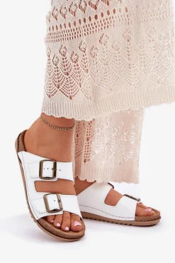 Skórzane Klapki Damskie Z Klarami Inblu AA0002KU Białe