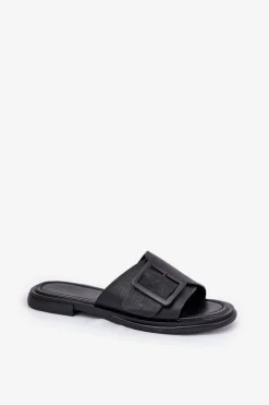 Skórzane Klapki Damskie Z Klamrą D&A SJ2302-01 Czarne