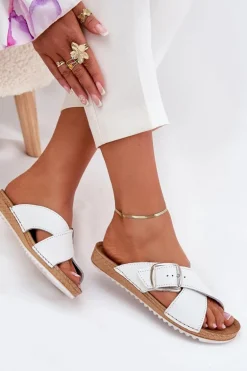 Skórzane Klapki Damskie Z Klamrą Inblu VO0004GU Białe