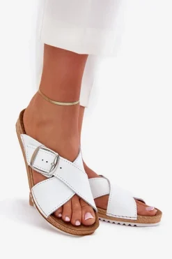 Skórzane Klapki Damskie Z Klamrą Inblu VO0004GU Białe