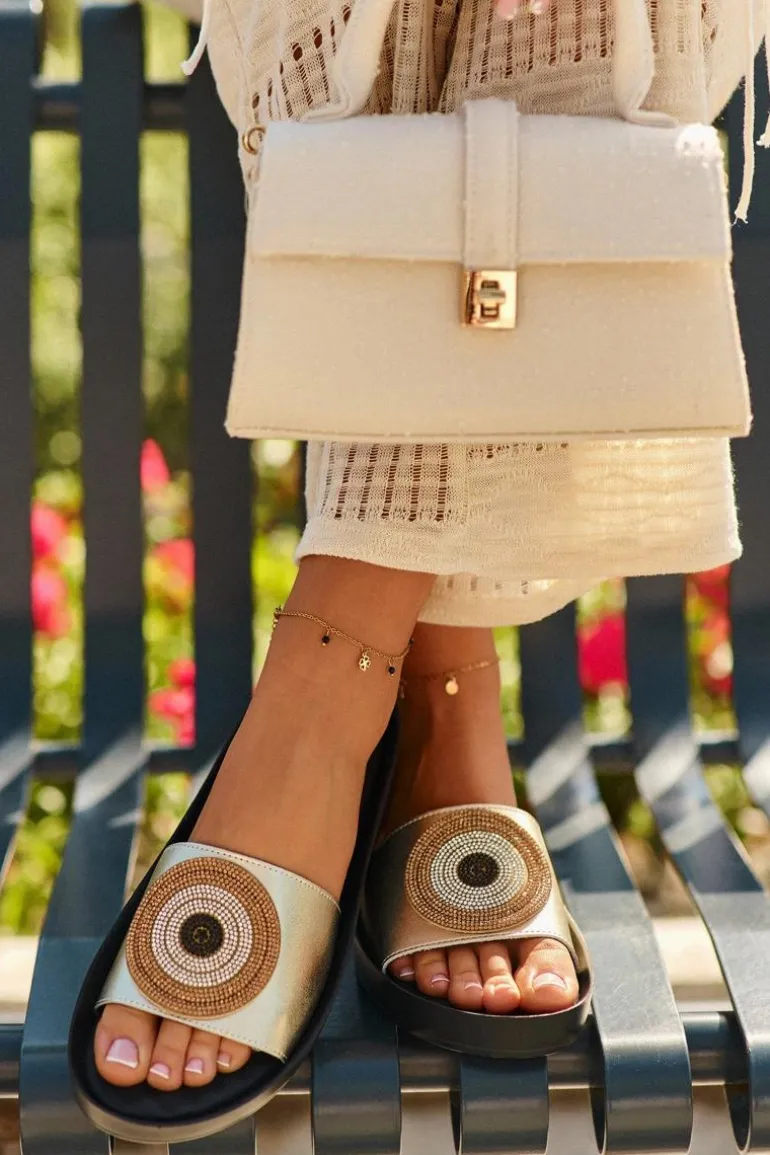 Skórzane Klapki Damskie Z Ozdobą S.Barski KV27-019 Złote