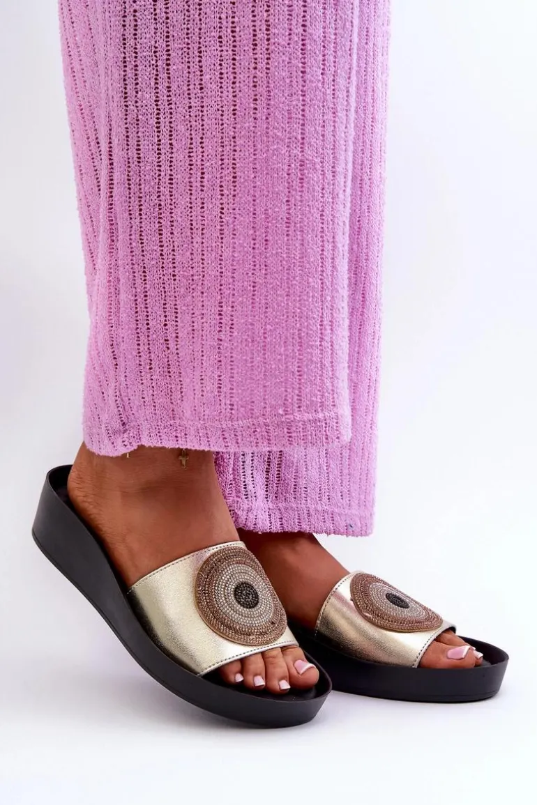 Skórzane Klapki Damskie Z Ozdobą S.Barski KV27-019 Złote