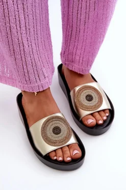 Skórzane Klapki Damskie Z Ozdobą S.Barski KV27-019 Złote