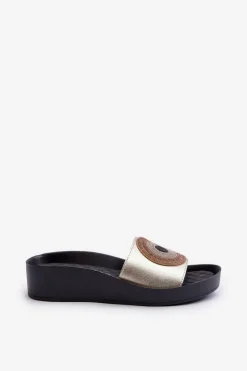 Skórzane Klapki Damskie Z Ozdobą S.Barski KV27-019 Złote