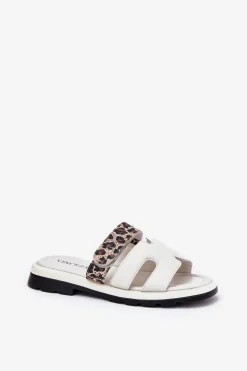 Skórzane Klapki Damskie Z Rzepem Panterka Vinceza 66769 Jasnobeżowe