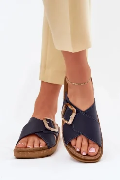 Skórzane Klapki Damskie Z Klamrą Inblu ED0003IU Granatowe