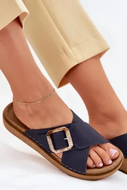 Skórzane Klapki Damskie Z Klamrą Inblu ED0003IU Granatowe