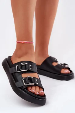 Skórzane Klapki Damskie Z Ozdobnymi Klamrami Big Star RR274658 Czarne