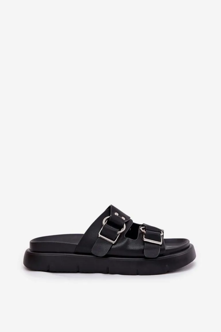 Skórzane Klapki Damskie Z Ozdobnymi Klamrami Big Star RR274658 Czarne