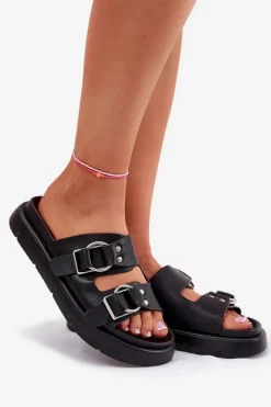 Skórzane Klapki Damskie Z Ozdobnymi Klamrami Big Star RR274658 Czarne