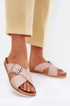 Skórzane Klapki Damskie Z Klamrą Inblu VO0004GU Różowe