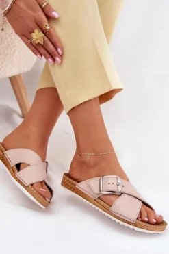 Skórzane Klapki Damskie Z Klamrą Inblu VO0004GU Różowe