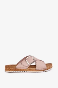 Skórzane Klapki Damskie Z Klamrą Inblu VO0004GU Różowe