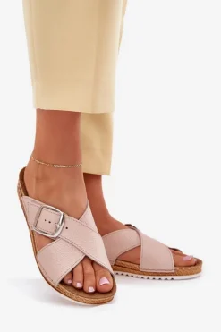 Skórzane Klapki Damskie Z Klamrą Inblu VO0004GU Różowe