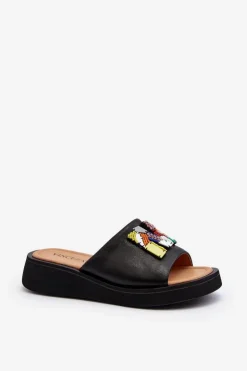 Skórzane Klapki Damskie Z Ozdobą Czarne Asames