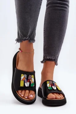 Skórzane Klapki Damskie Z Ozdobą Czarne Asames