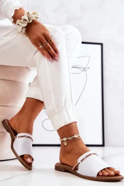 Skórzane Klapki Lewski Shoes 3047 Białe