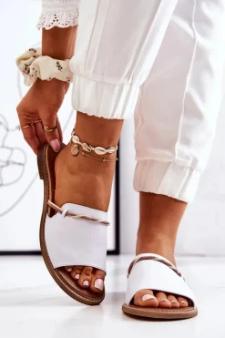 Skórzane Klapki Lewski Shoes 3047 Białe