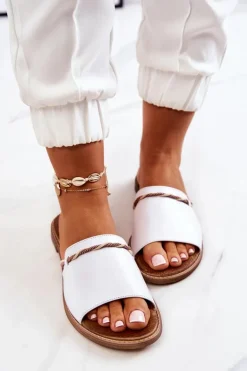 Skórzane Klapki Lewski Shoes 3047 Białe