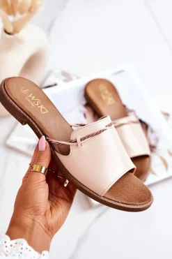 Skórzane Klapki Lewski Shoes 3047 Beżowe