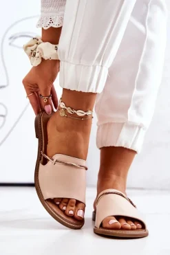 Skórzane Klapki Lewski Shoes 3047 Beżowe