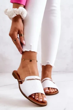 Skórzane Klapki Lewski Shoes 3047 Białe