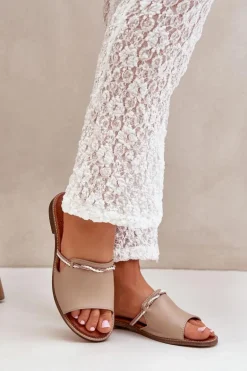 Skórzane Klapki Lewski Shoes 3047 Ciemnobeżowe