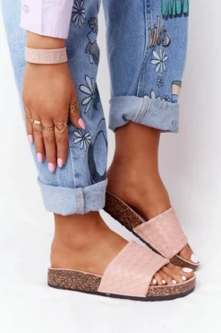 Skórzane Klapki Na Korkowej Podeszwie Jasnoróżowe Catalina