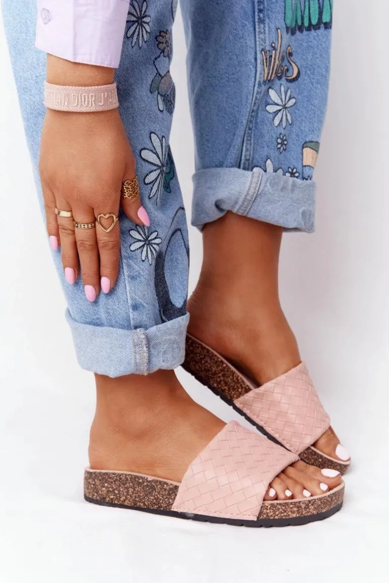 Skórzane Klapki Na Korkowej Podeszwie Jasnoróżowe Catalina