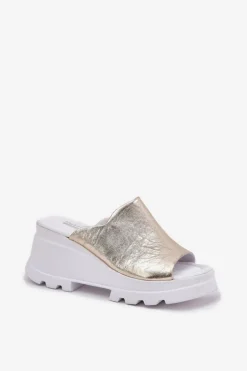 Skórzane Klapki Na Koturnie Artiker 56C0435 Złote