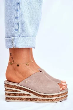 Skórzane Klapki Na Koturnie Cappuccino Nicole 2559