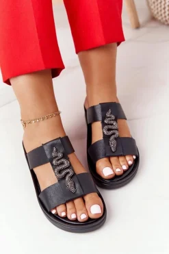 Skórzane Klapki Na Koturnie Laura Messi 2272 Czarne