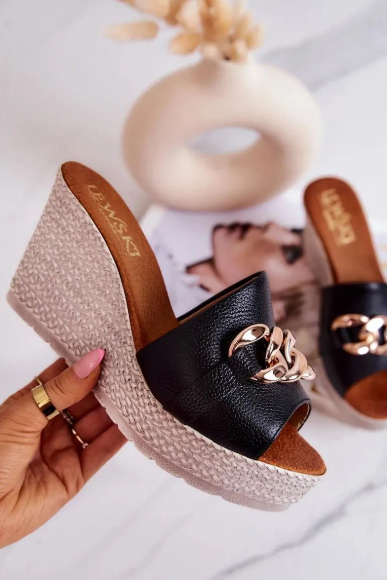 Skórzane Klapki Na Koturnie Lewski 3062 Czarne