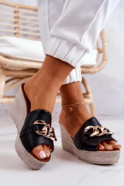 Skórzane Klapki Na Koturnie Lewski 3062 Czarne