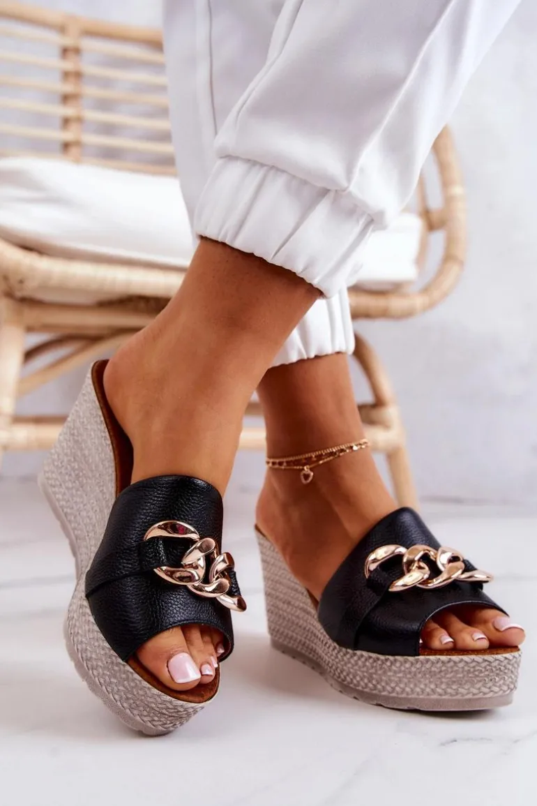 Skórzane Klapki Na Koturnie Lewski 3062 Czarne