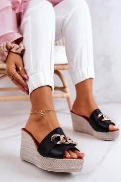 Skórzane Klapki Na Koturnie Lewski 3062 Czarne