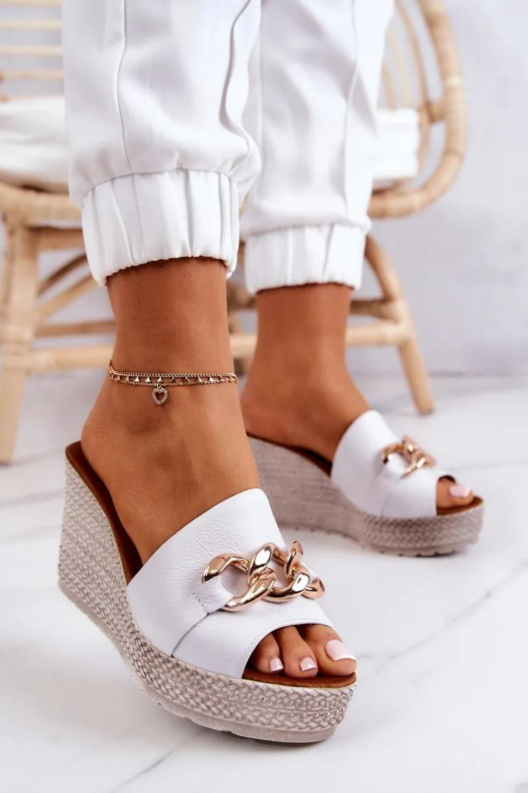 Skórzane Klapki Na Koturnie Lewski 3062 Białe