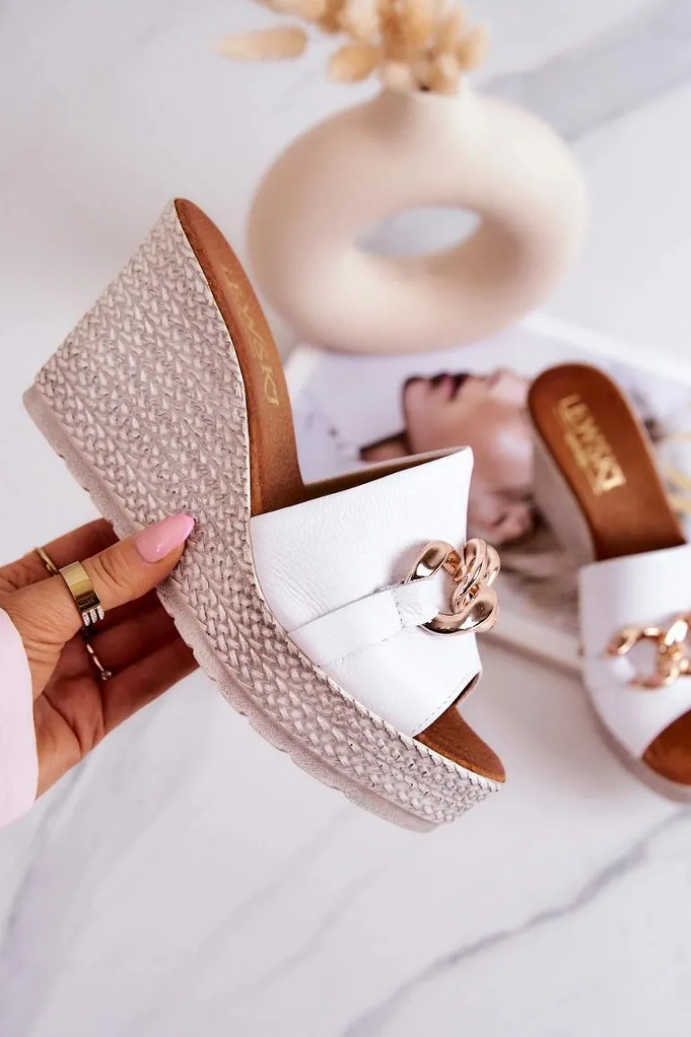 Skórzane Klapki Na Koturnie Lewski 3062 Białe