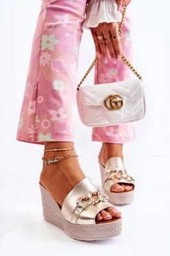 Skórzane Klapki Na Koturnie Lewski 3062 Złoto-Szare