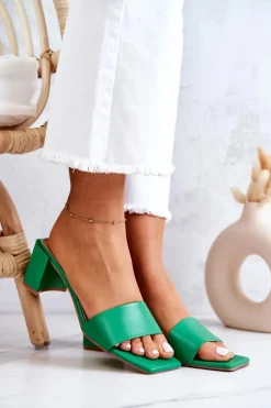 Skórzane Klapki Na Obcasie Zielone Netty