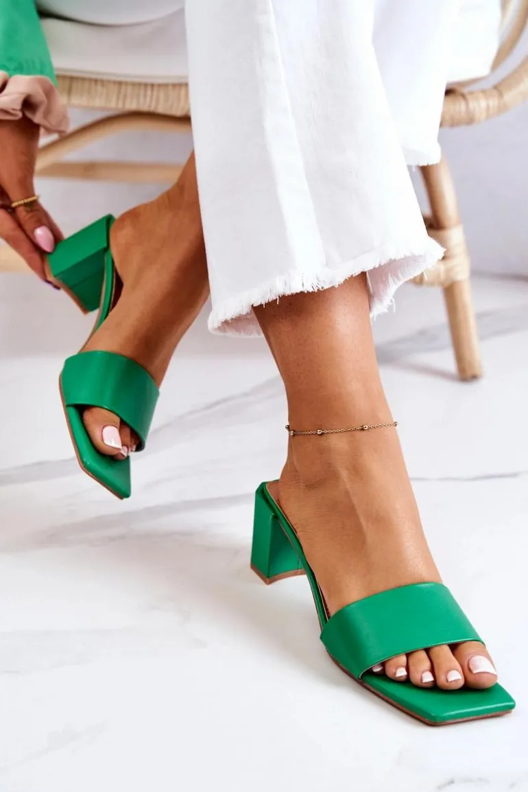 Skórzane Klapki Na Obcasie Zielone Netty