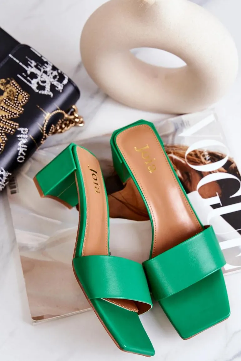 Skórzane Klapki Na Obcasie Zielone Netty