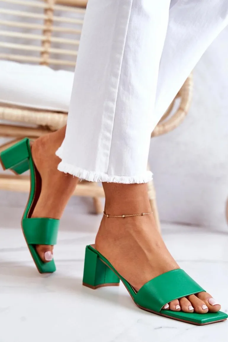 Skórzane Klapki Na Obcasie Zielone Netty