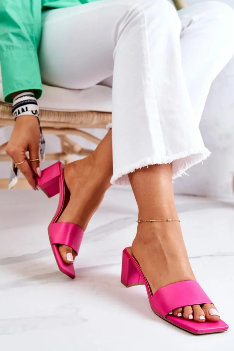 Skórzane Klapki Na Obcasie Różowe Netty