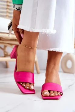 Skórzane Klapki Na Obcasie Różowe Netty