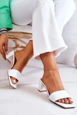 Skórzane Klapki Na Obcasie Białe Netty