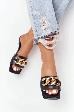 Skórzane Klapki Z Łańcuchem Czarne French Kiss