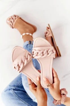 Skórzane Klapki Z Łańcuchem Beżowe Step By Step